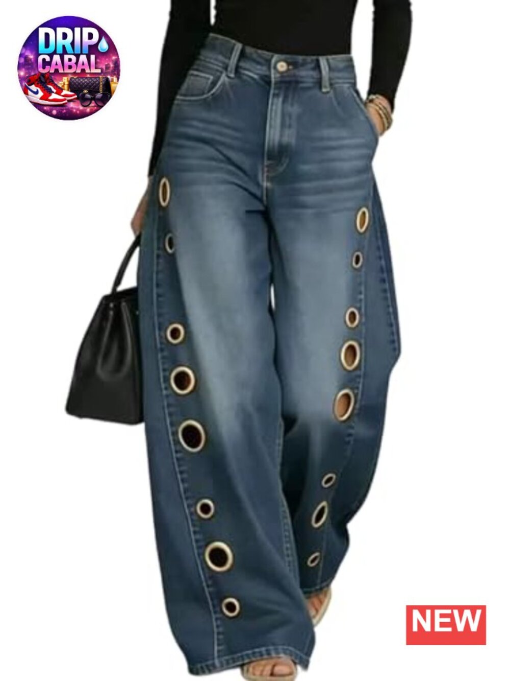 High Waisted Wide Leg Jeans with Eyelet Cut Outs Y2K Denim Pants